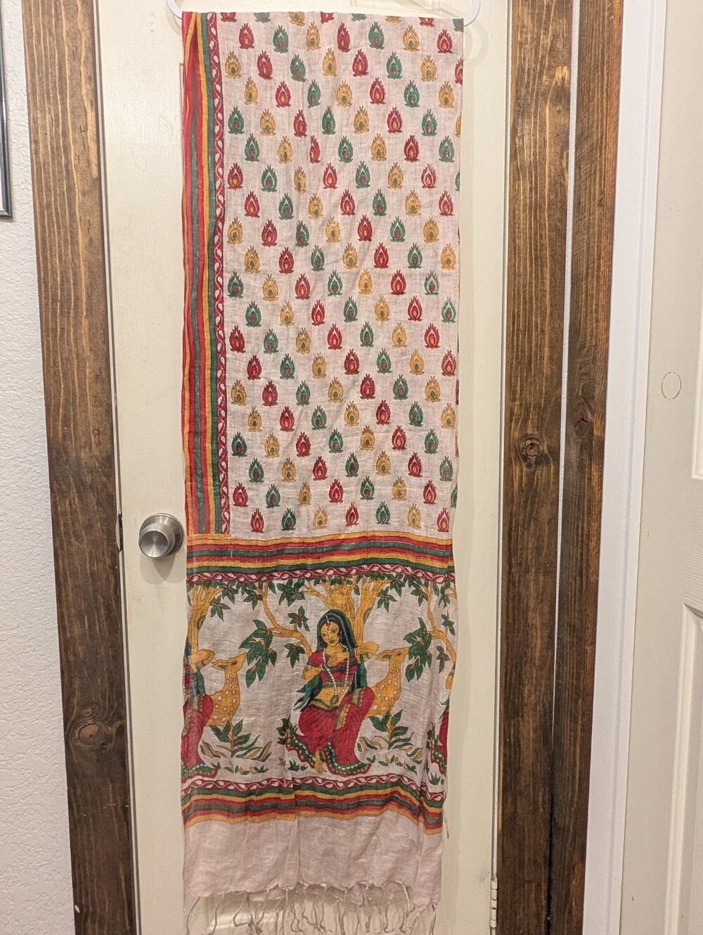 Vintage 1960s Linen Wrap Scarf Indian Cultural Scene Colorful Shawl Woman Deer